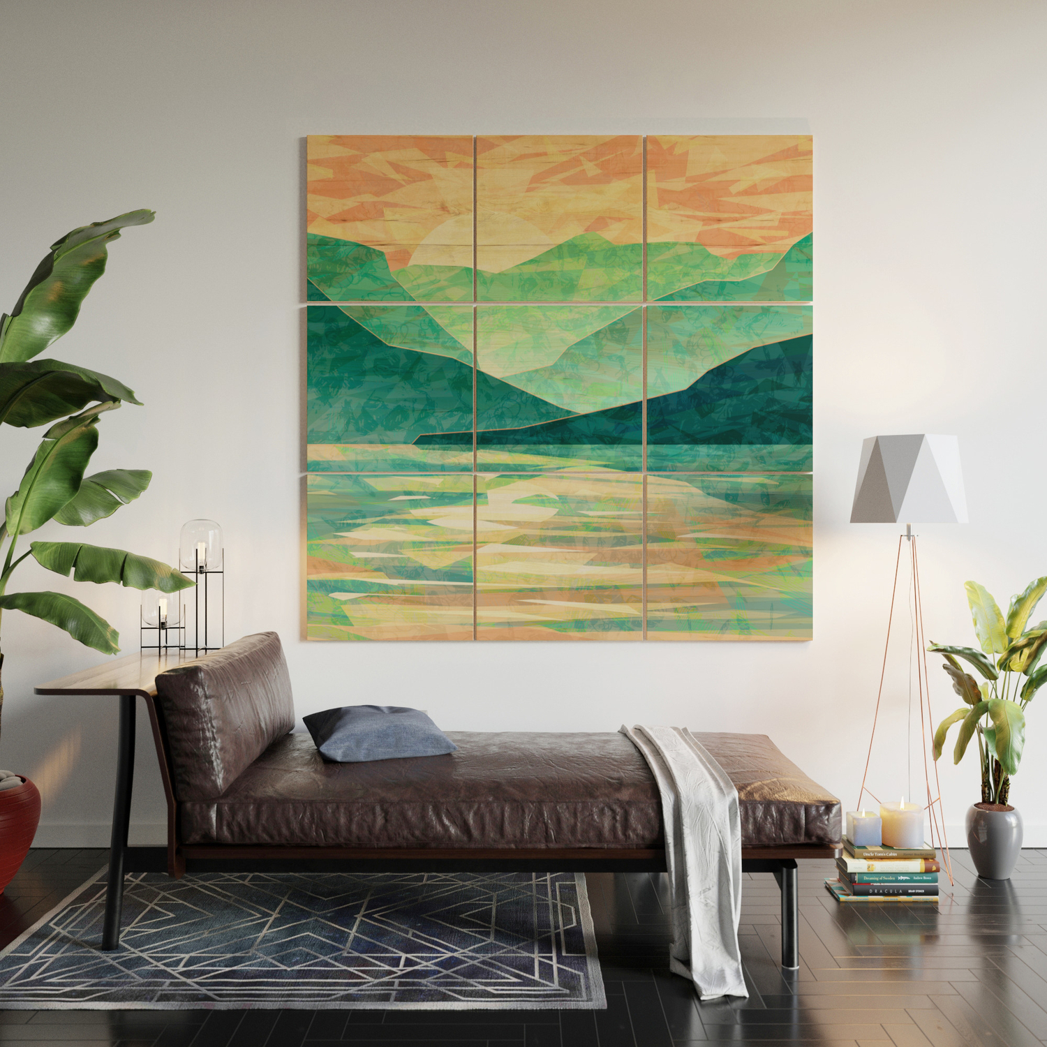 Spring Sunset Over Emerald Mountain Landscape Painting Wood Wall