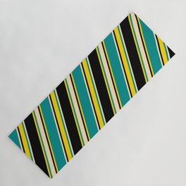 [ Thumbnail: Dark Cyan, Beige, Black, and Yellow Colored Lines/Stripes Pattern Yoga Mat ]