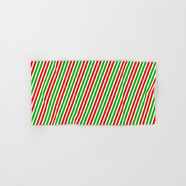 [ Thumbnail: Festive, Christmas-Style Red, White & Green Colored Striped Pattern Hand & Bath Towel ]