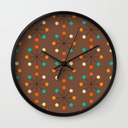 50s Mid Century Modern Atomic Pattern in Brown, Orange, Yellow & Turquoise Wall Clock