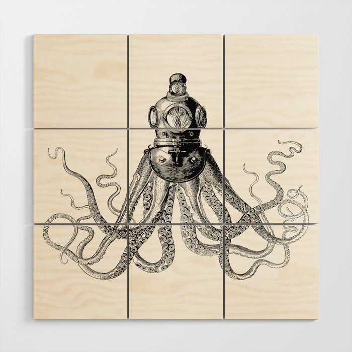 Octopus in Diving Helmet | Deep Sea Divers Helmet | Vintage Octopus | Tentacles | Black and White | Wood Wall Art