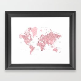Light pink, muted pink and dusty pink watercolor world map with cities Framed Art Print