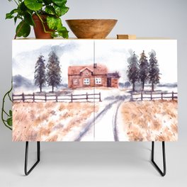 Winter Landscape With House And Pine Trees Watercolor Credenza