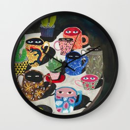 Suspicious mugs Wall Clock | Vintage, Illustration, Mug, Curated, Pattern, Funny, Painting 