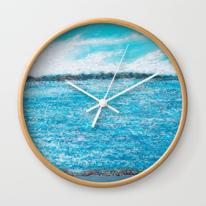 Bayside Oil Pastel Drawing, Light Teal Green Wall Clock