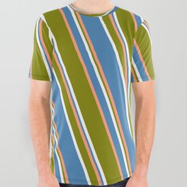 [ Thumbnail: Light Salmon, Green, White, and Blue Colored Striped Pattern All Over Graphic Tee ]