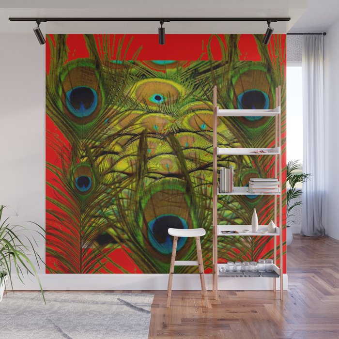 RED-GREEN PEACOCK FEATHERS ART Wall Mural