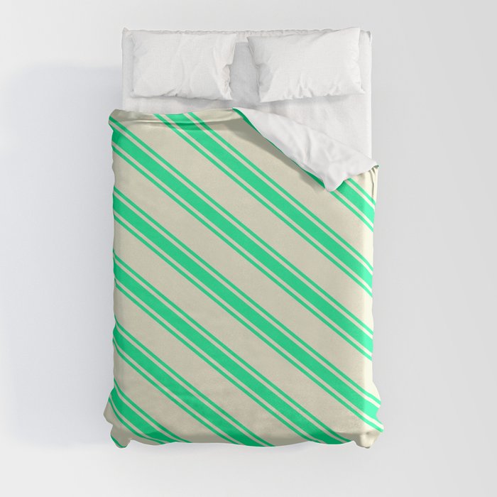 Beige and Green Colored Stripes/Lines Pattern Duvet Cover