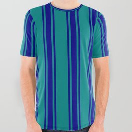 [ Thumbnail: Dark Cyan & Dark Blue Colored Lines/Stripes Pattern All Over Graphic Tee ]