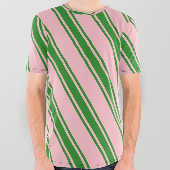 Pink and Forest Green Colored Pattern of Stripes All Over Graphic Tee