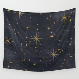 Gold Stars Black Ink Night Sky Magical Mid Century Pattern Wall Tapestry