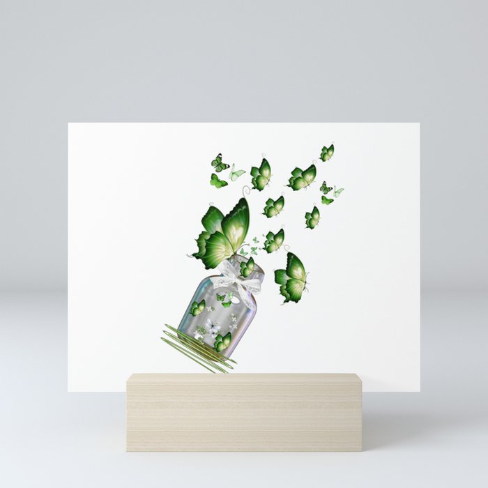 Green Butterflies Flying out of Bottle Mini Art Print