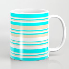 [ Thumbnail: White, Aqua & Tan Colored Striped/Lined Pattern Coffee Mug ]