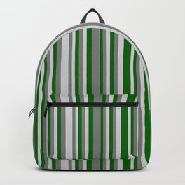 [ Thumbnail: Grey, Light Grey & Dark Green Colored Striped Pattern Backpack ]