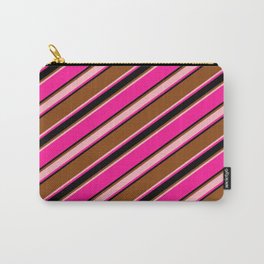 [ Thumbnail: Brown, Light Pink, Deep Pink & Black Colored Stripes/Lines Pattern Carry-All Pouch ]