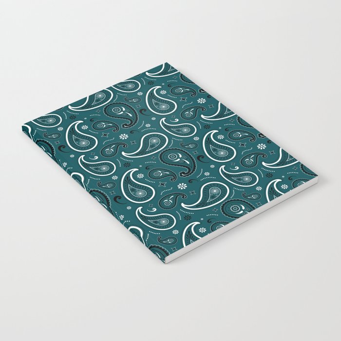 Black and White Paisley Pattern on Teal Blue Background Notebook