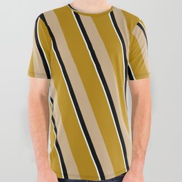 [ Thumbnail: Dark Goldenrod, Tan, Black & Mint Cream Colored Lines Pattern All Over Graphic Tee ]