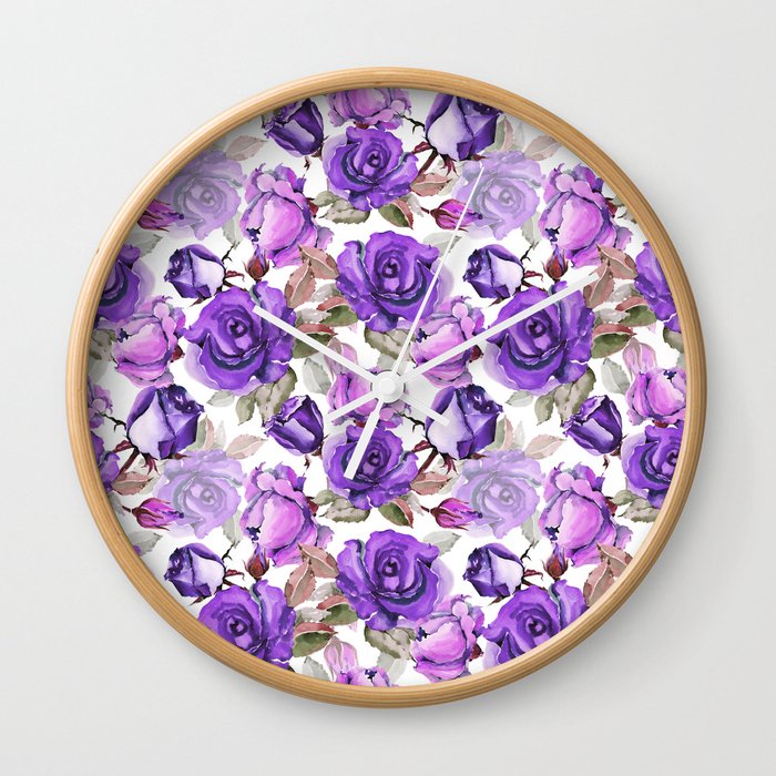 Violet lilac pink watercolor botanical roses floral Wall Clock
