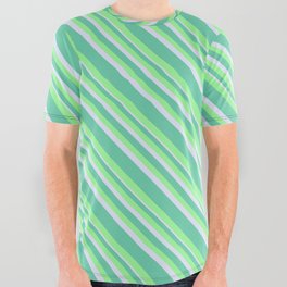 [ Thumbnail: Aquamarine, Green, and Lavender Colored Lined/Striped Pattern All Over Graphic Tee ]