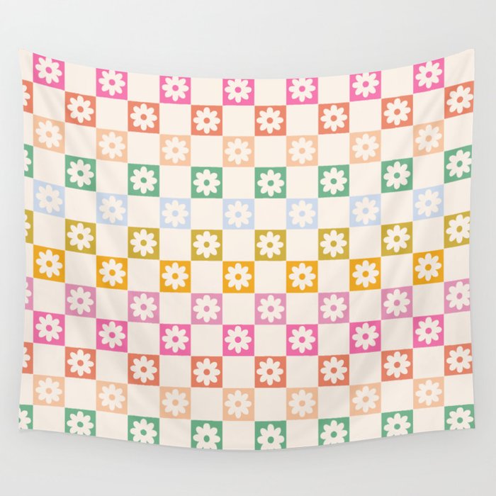 Flowers Rainbow Checkerboard Pattern Wall Tapestry