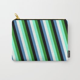 [ Thumbnail: Colorful Forest Green, Aquamarine, Mint Cream, Blue & Black Colored Stripes Pattern Carry-All Pouch ]