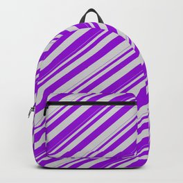 [ Thumbnail: Dark Violet and Light Gray Colored Lines Pattern Backpack ]