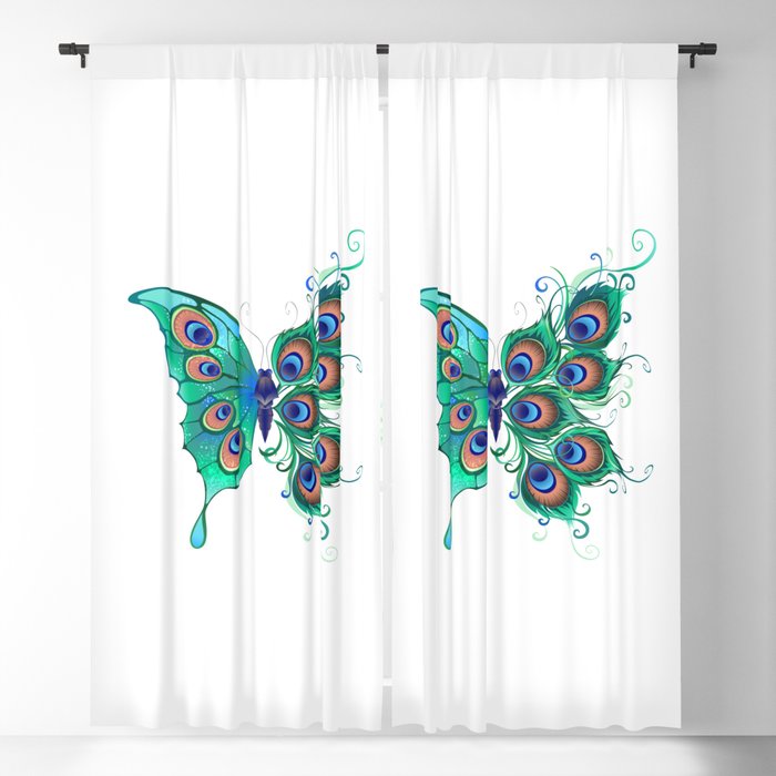 Butterfly with Green Peacock Feathers Blackout Curtain