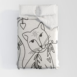 Cute Cat with Flowers and Heart Illustration Comforter