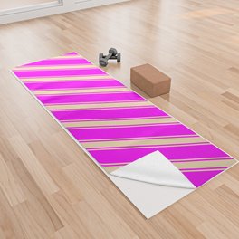 [ Thumbnail: Fuchsia and Tan Colored Lined Pattern Yoga Towel ]