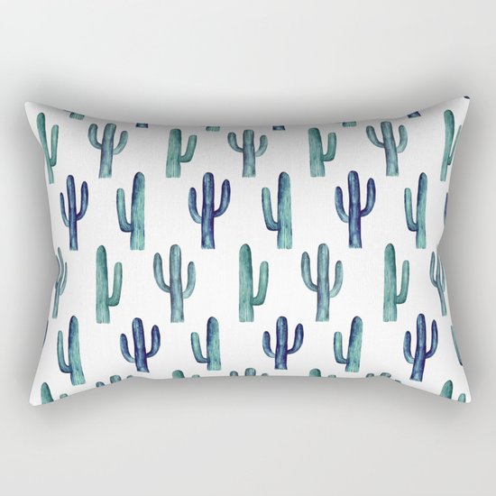 Blue cactus pattern Botanical art Modern decor Watercolor illustration teal Rectangular Pillow ...
