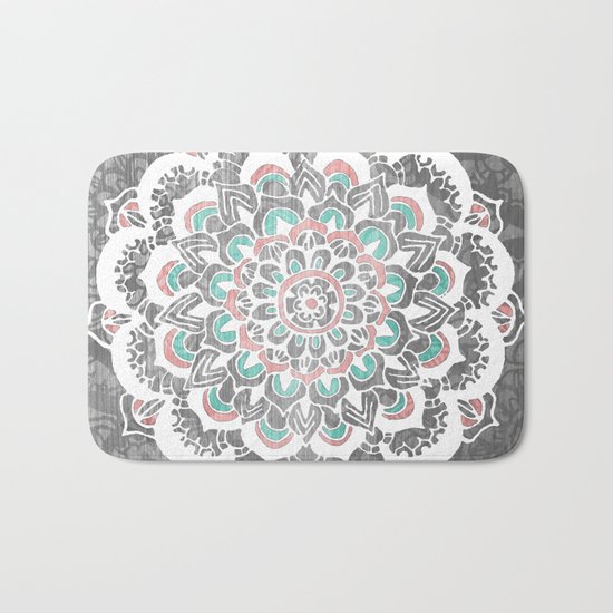 Pastel Floral Medallion on Faded Silver Wood Bath Mat