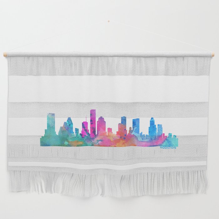 Houston Skyline Watercolor Blue Orange Pink Purple Green Cityscape Houston Texas US City Skyline Wall Hanging