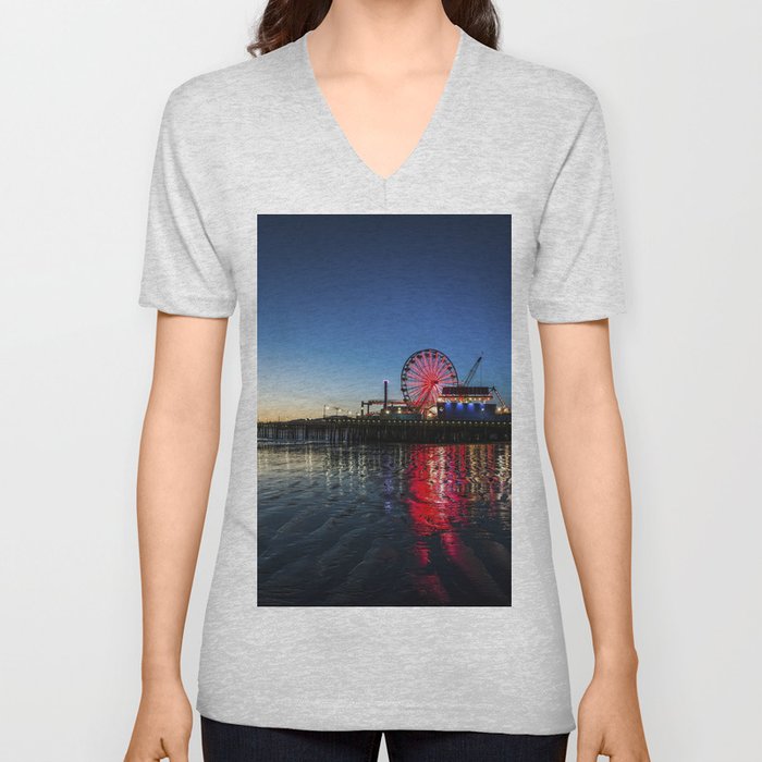 Santa Monica pier at twilight, ferris wheel, rollercoaster, and neon lights California color photograph / photography V Neck T Shirt