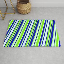 [ Thumbnail: Light Cyan, Blue & Green Colored Lined/Striped Pattern Rug ]