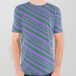 [ Thumbnail: Sea Green and Purple Colored Lined Pattern All Over Graphic Tee ]