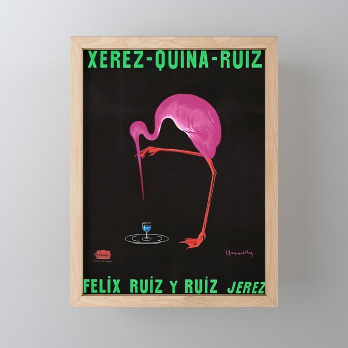 Rare Aperitif pink flamingo Xérez-Quina-Ruiz 1905 liquor alcoholic beverage vintage poster in dark green lettering poster / posters Framed Mini Art Print