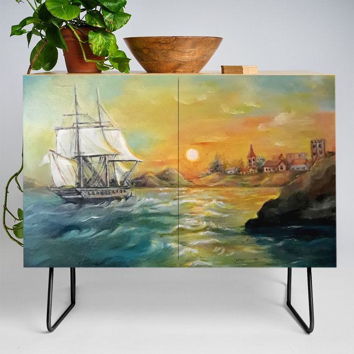 Vintage boath at the harbor painting Credenza