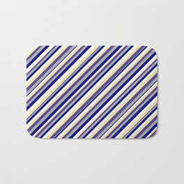 [ Thumbnail: Vibrant Dark Slate Blue, Dark Gray, Dark Blue, White, and Pale Goldenrod Colored Striped Pattern Bath Mat ]