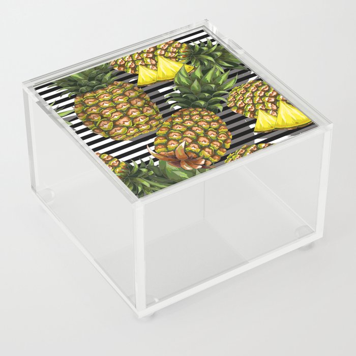 Summer seamless pattern with handdrawn pineapple on striped back Acrylic Box