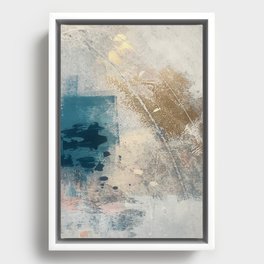 Embrace: a minimal, abstract mixed-media piece in blues and gold with a hint of pink Framed Canvas