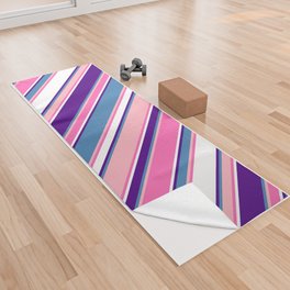 [ Thumbnail: Colorful Hot Pink, Light Pink, Blue, Indigo & White Colored Stripes Pattern Yoga Towel ]