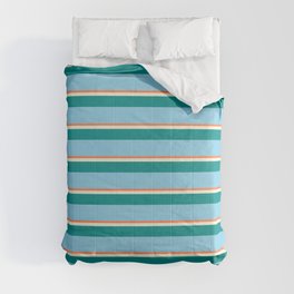 [ Thumbnail: Coral, Beige, Dark Cyan & Sky Blue Colored Stripes Pattern Comforter ]