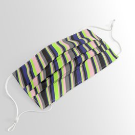 [ Thumbnail: Eye-catching Midnight Blue, Light Green, Pink, Dim Grey, and Black Colored Striped Pattern Face Mask ]