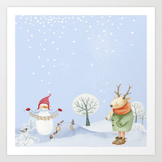 Merry christmas- Snowman Deer and birds are having Winter fun Art Print