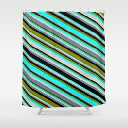 [ Thumbnail: Colorful Black, Green, Aqua, Light Gray, and Slate Gray Colored Stripes/Lines Pattern Shower Curtain ]