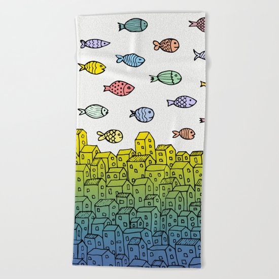 Underwater village II Beach Towel