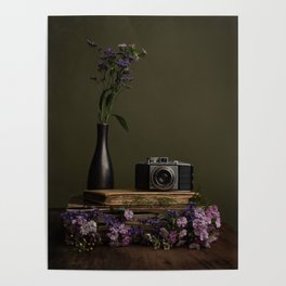 The Artist Workspace - Creative table with old book, flowers and a retro camera - fine art photo print  Poster