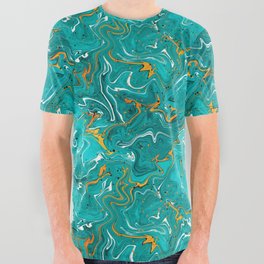 Teal and orange marble texture, turquoise abstract fluid art All Over Graphic Tee