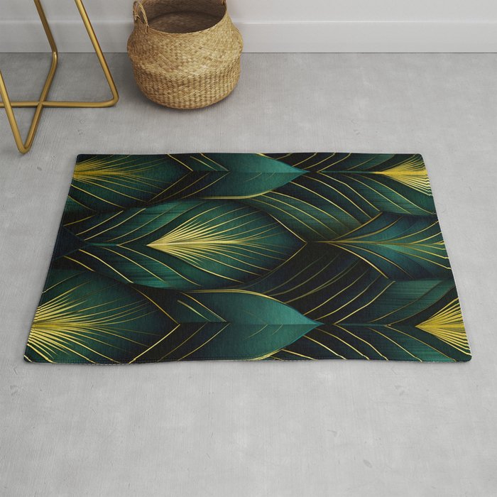 Classic Interior Pattern Dark Green Gold Leaves  Rug