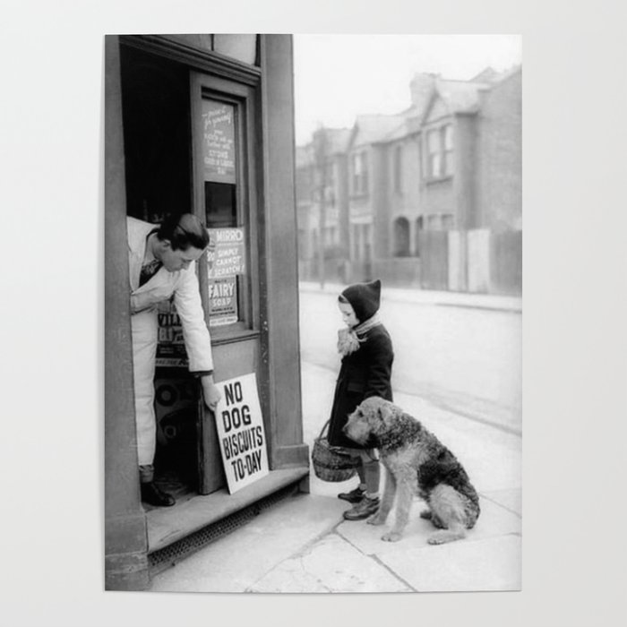 Vintage 'No Dog Biscuits Today' Humorous Little Girl, Dog, and Italian Market black and white photography / photograph Poster